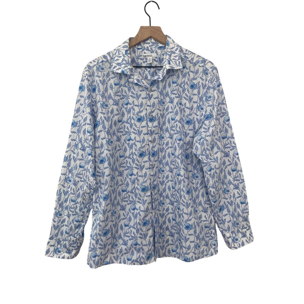 Bar III Slim Fit Stretch Floral Coral Flowers Blue White Button Up Dress Shirt L